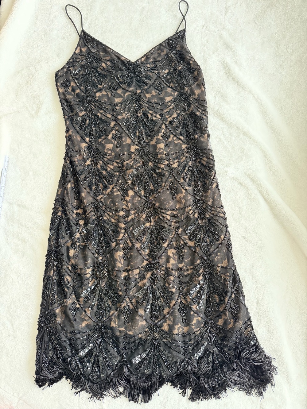 Sean Collection Vintage Black Beaded Lace Midi Dress with Fringe